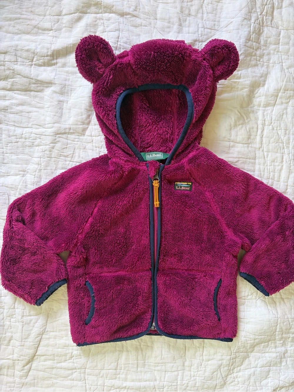 L.L.Bean Plush Hooded Fleece Jacket in Magenta with Navy Trim
